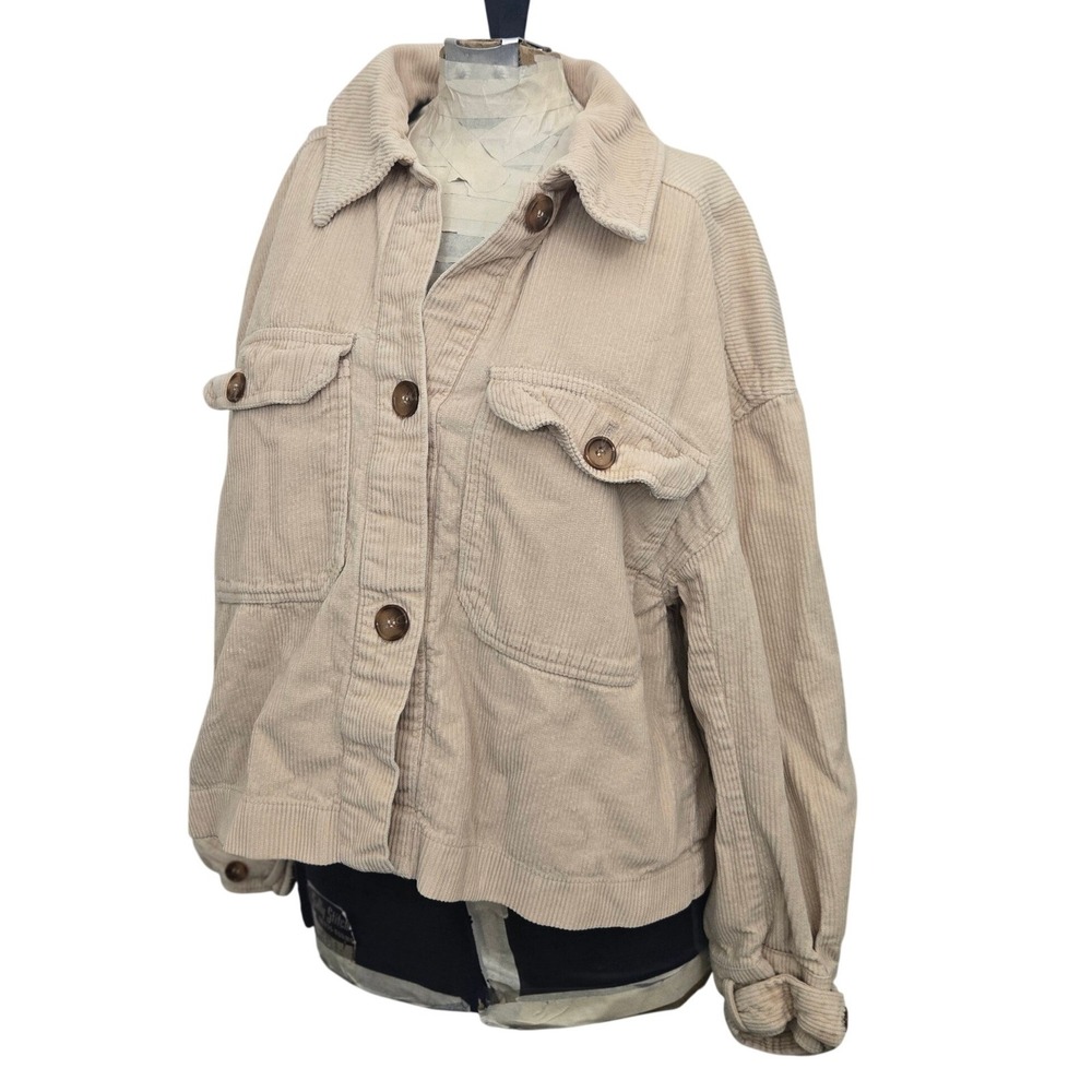 7 For All Mankind Womens Corduroy Jacket Small Beige Cropped Boxy Shacket Cotton